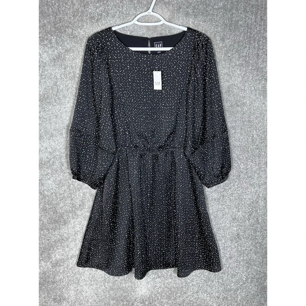 GAP Blouson Sleeve Elastic Waist Dress Womens Size M Black Polka Dot Pockets New